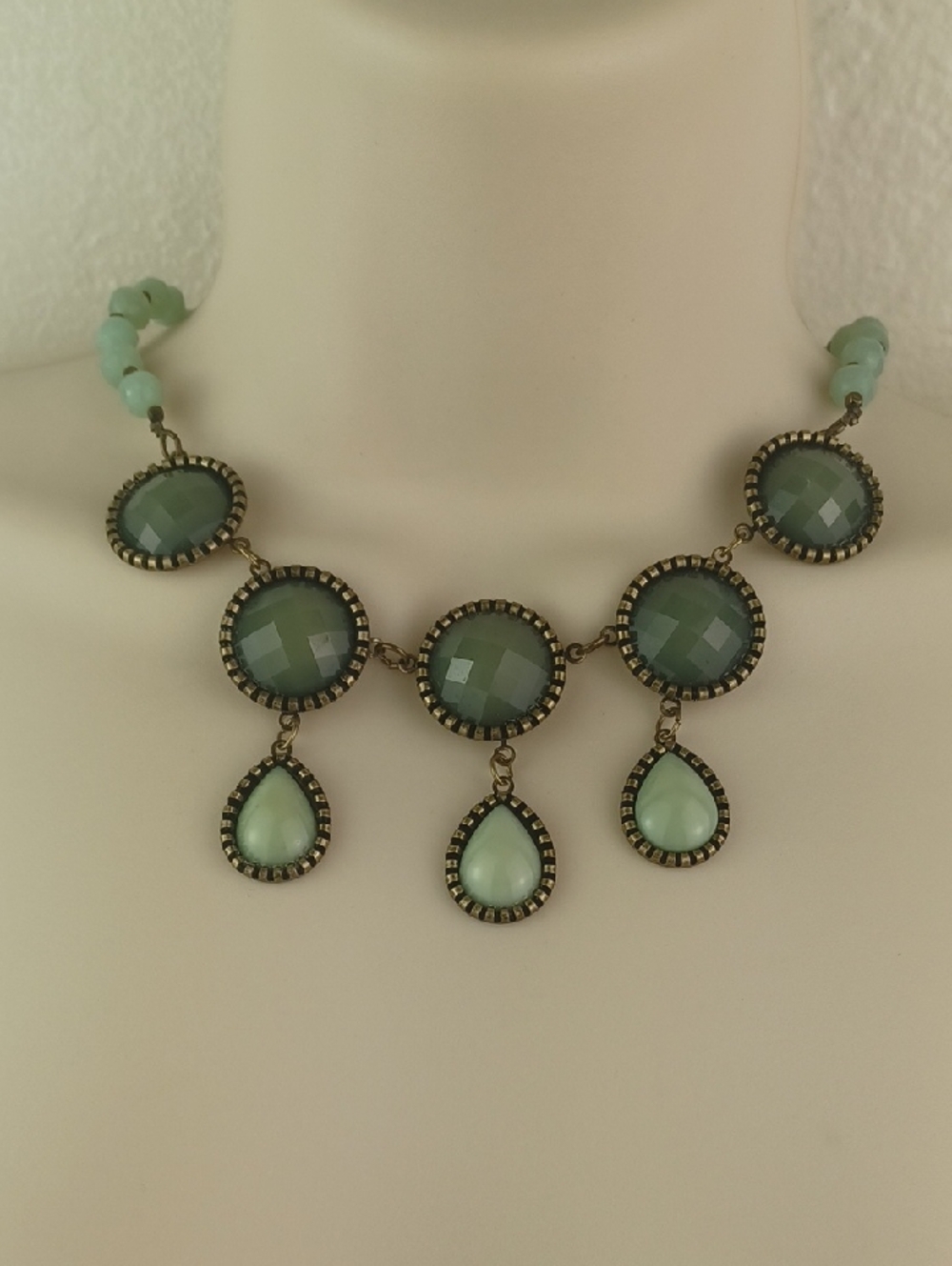Vintage Style Faceted Green Stone & Glass Bead Brass Hardware Necklace Choker